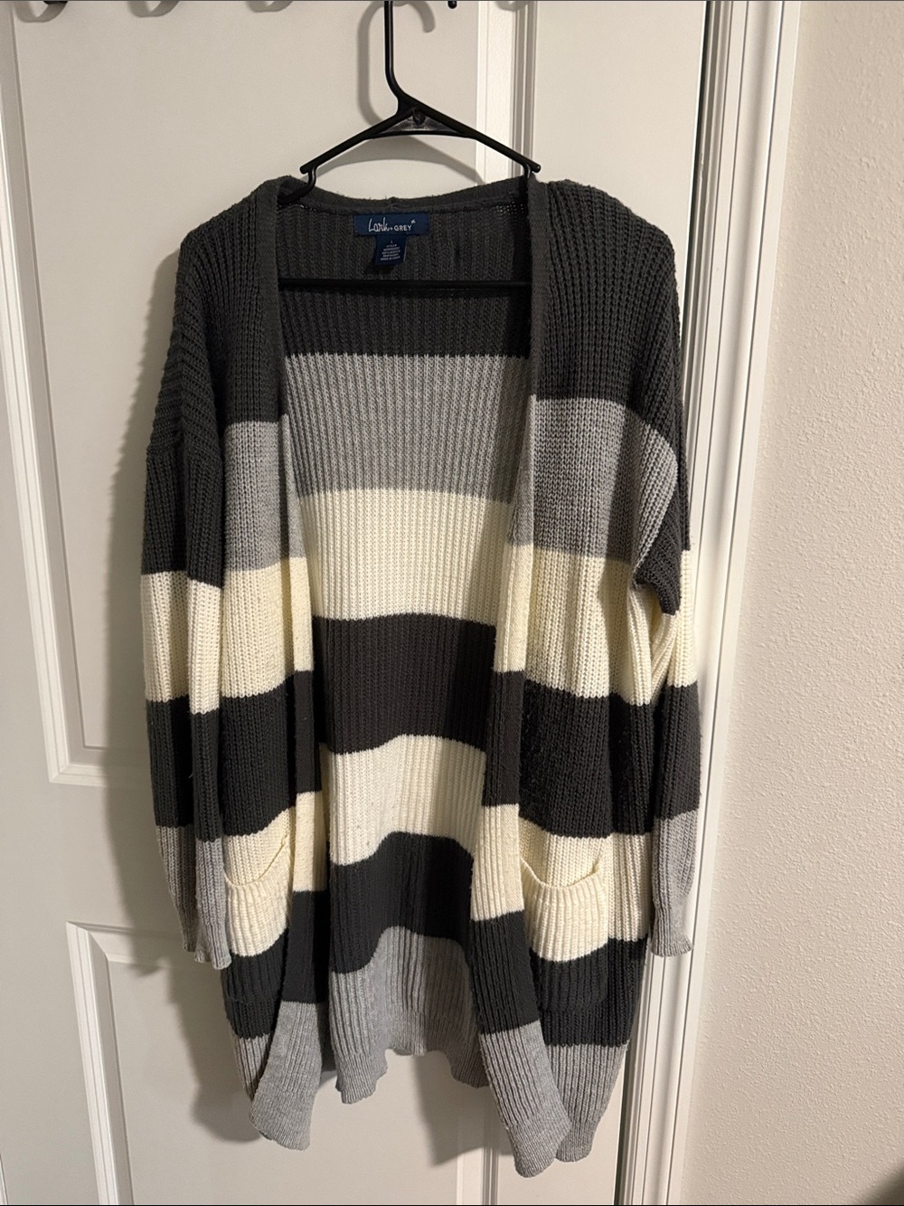 Striped Open Cardigan - Dark Gray, Gray & Cream
